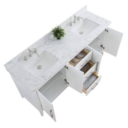 Meuble-lavabo double vasque Vanity Art 72 avec plan de travail en marbre composite.