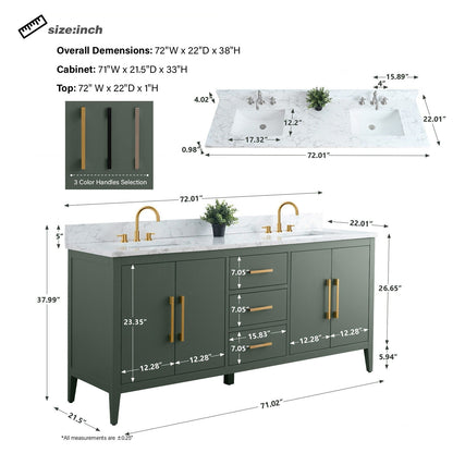 Meuble-lavabo double vasque Vanity Art 72 avec plan de travail en marbre composite.