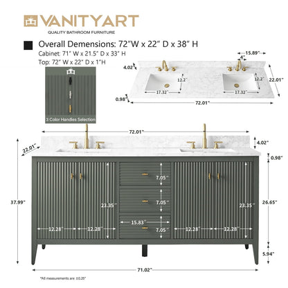 Meuble-lavabo double vasque Vanity Art 72 avec plan de travail en marbre composite.
