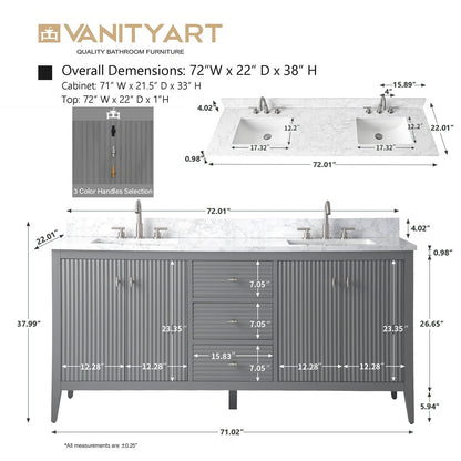 Meuble-lavabo double vasque Vanity Art 72 avec plan de travail en marbre composite.
