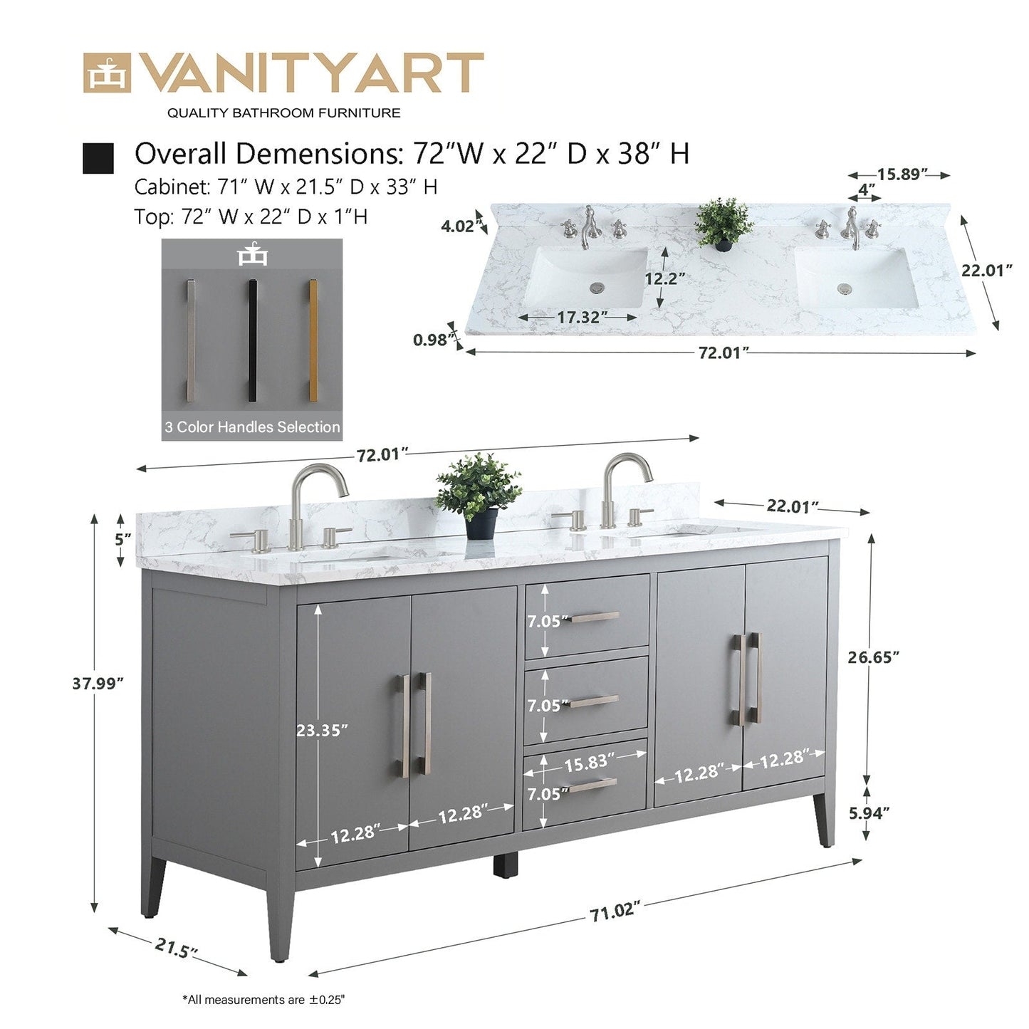 Meuble-lavabo double vasque Vanity Art 72 avec plan de travail en marbre composite.