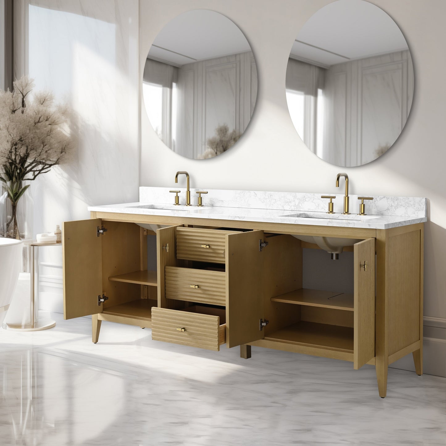 Meuble-lavabo double vasque Vanity Art 72 avec plan de travail en marbre composite.
