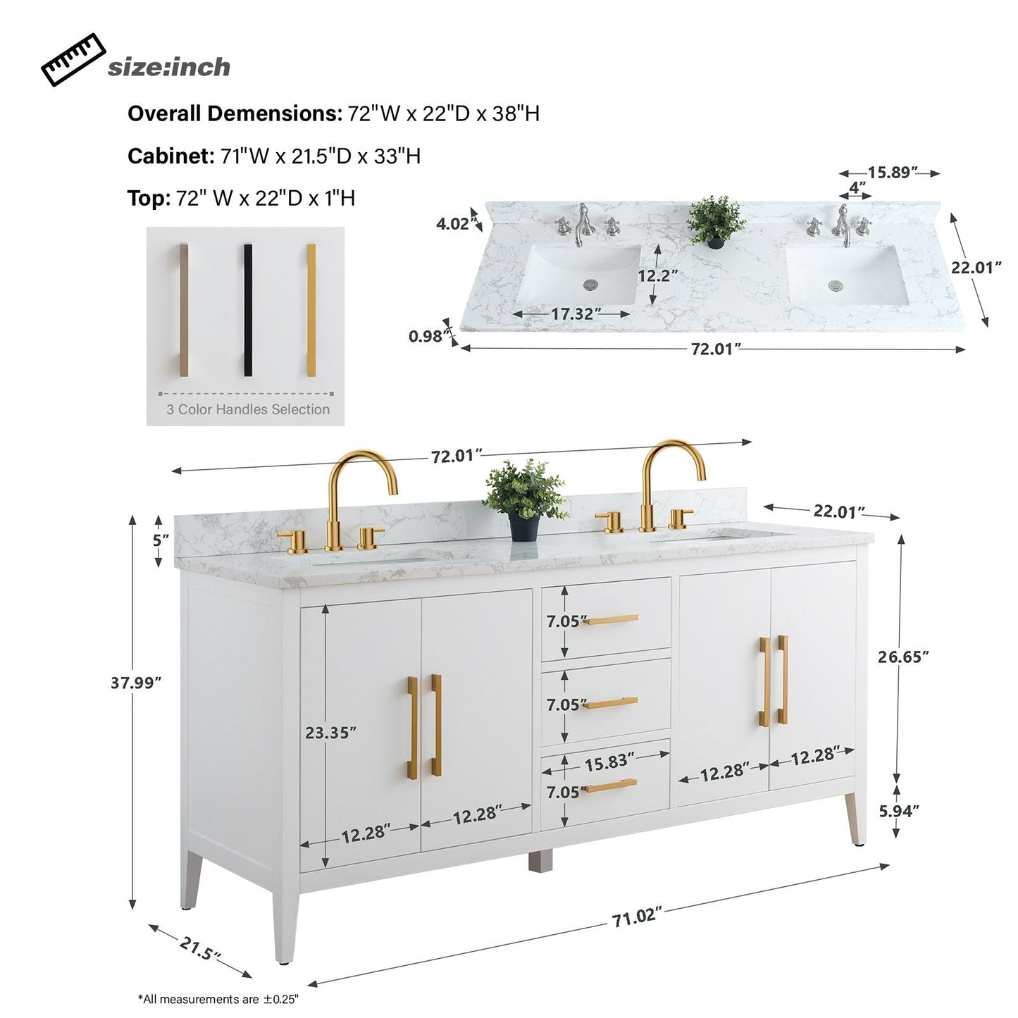 Meuble-lavabo double vasque Vanity Art 72 avec plan de travail en marbre composite.
