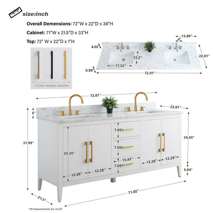 Meuble-lavabo double vasque Vanity Art 72 avec plan de travail en marbre composite.