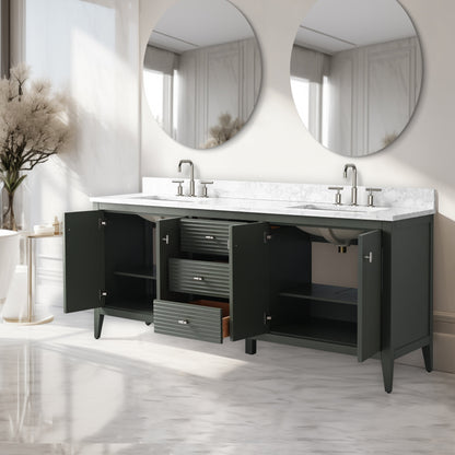 Meuble-lavabo double vasque Vanity Art 72 avec plan de travail en marbre composite.