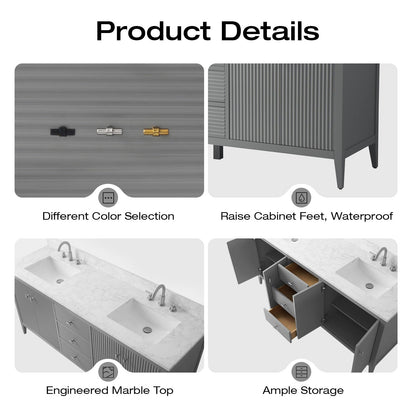 Meuble-lavabo double vasque Vanity Art 72 avec plan de travail en marbre composite.