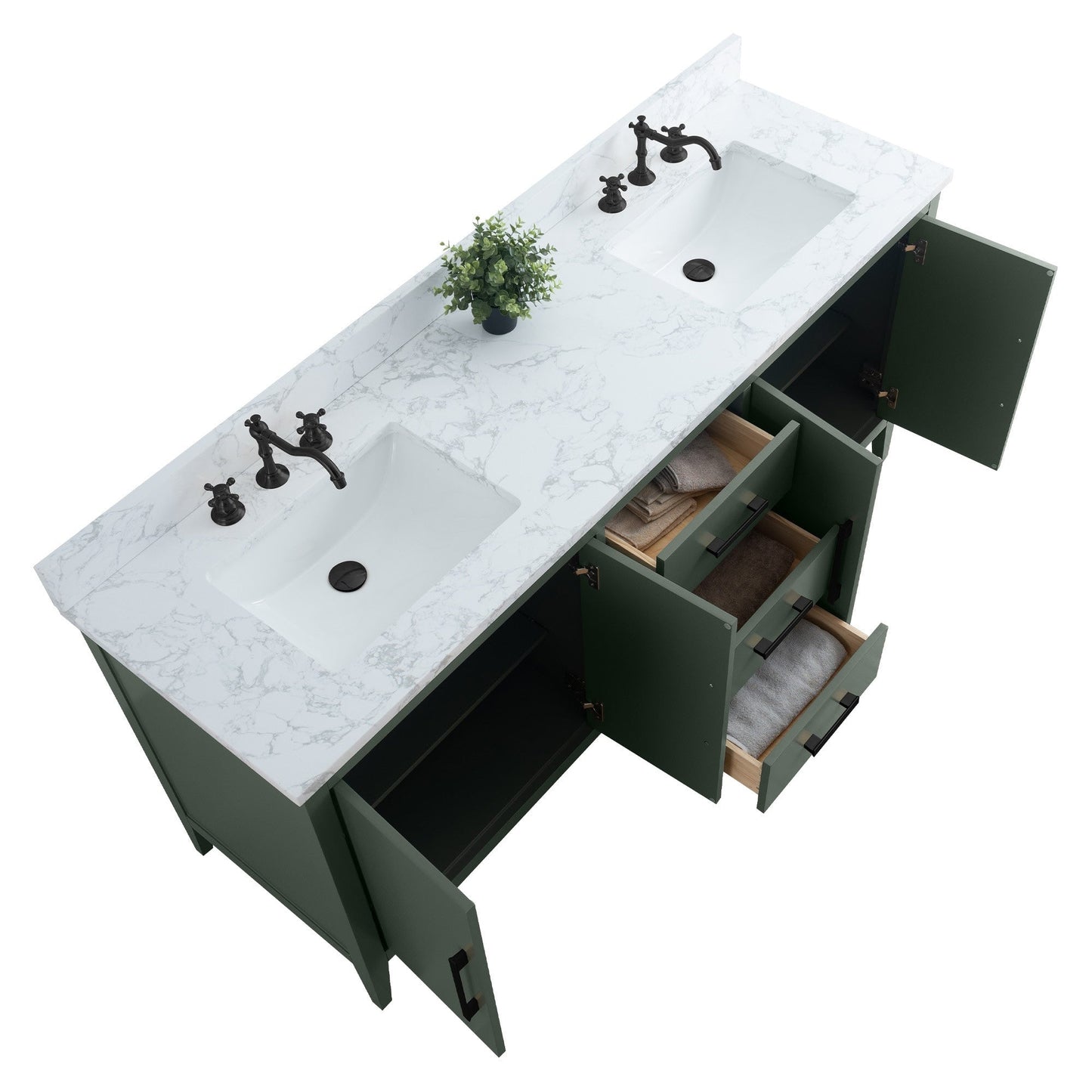 Meuble-lavabo double vasque Vanity Art 72 avec plan de travail en marbre composite.