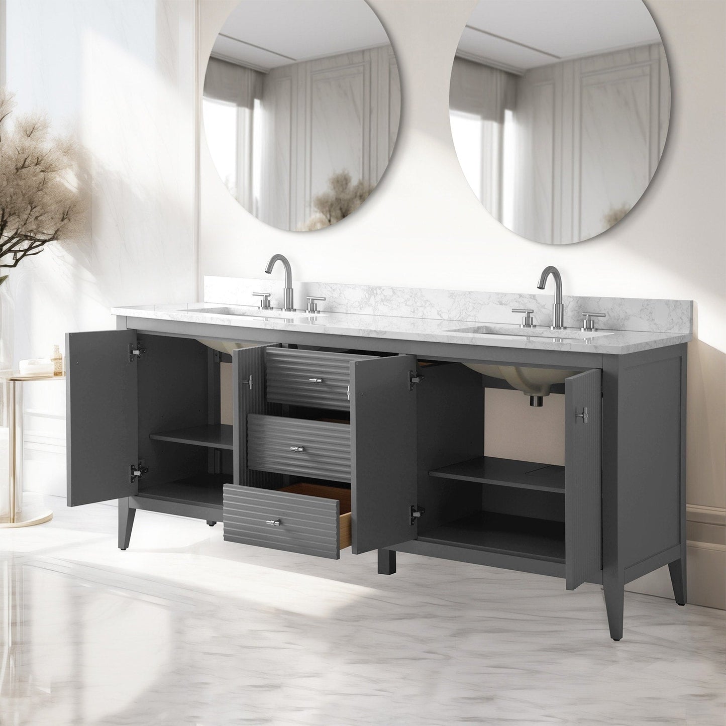 Meuble-lavabo double vasque Vanity Art 72 avec plan de travail en marbre composite.