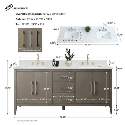 Meuble-lavabo double vasque Vanity Art 72 avec plan de travail en marbre composite.