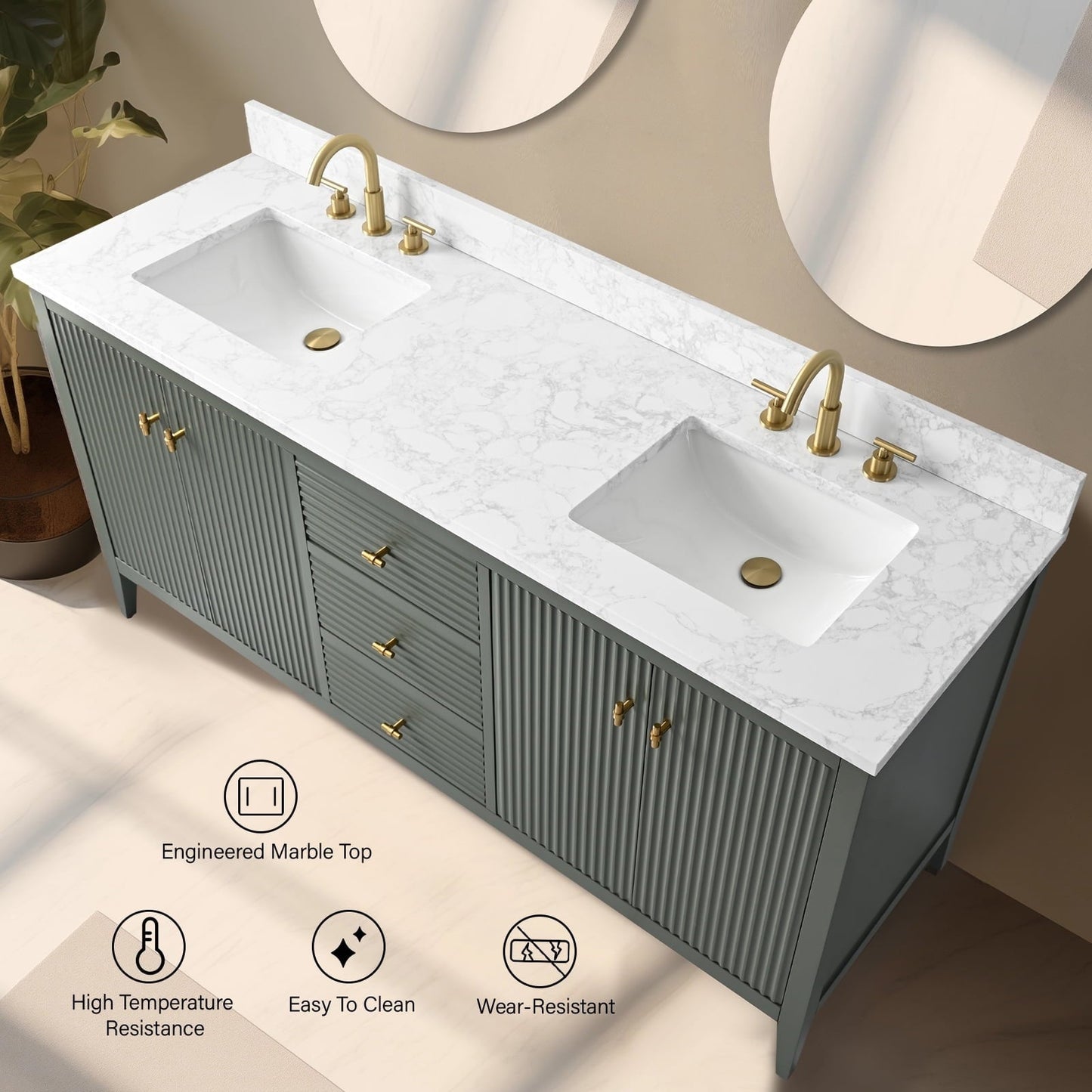 Meuble-lavabo double vasque Vanity Art 72 avec plan de travail en marbre composite.