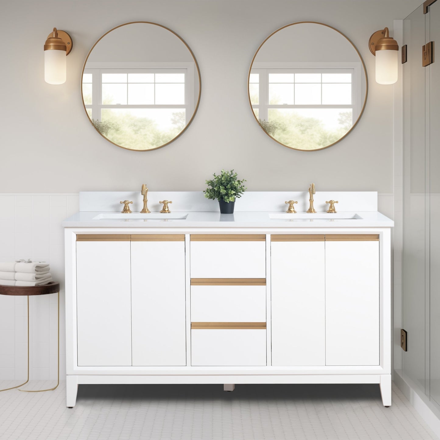 Meuble-lavabo Art pour salle de bain avec lavabo en céramique et plan de travail en marbre composite.