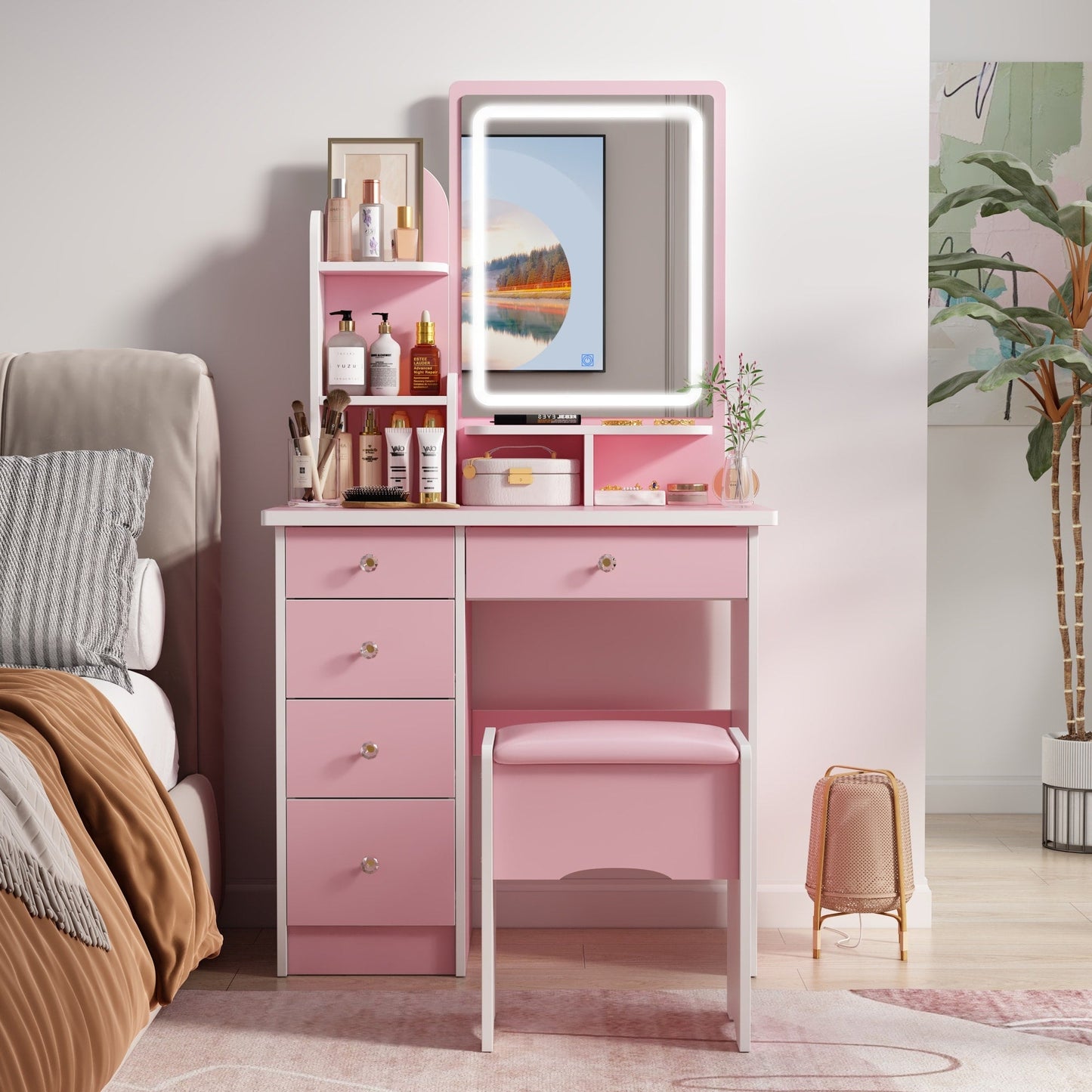 Coiffeuse avec miroir et lampe, table de maquillage avec tabouret pour la maison