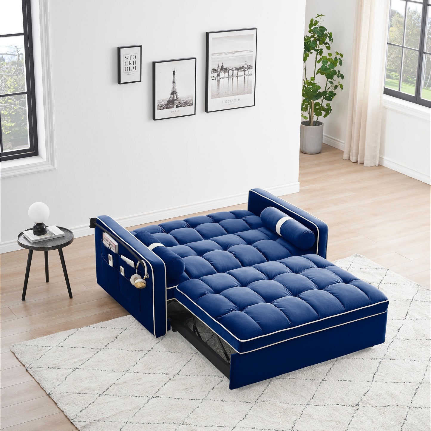 Velvet Convertible 55'' 2-Seater Sleeper Sofa with Pull-Out Bed, Adjustable Recline, Side Pockets, and Phone Holder