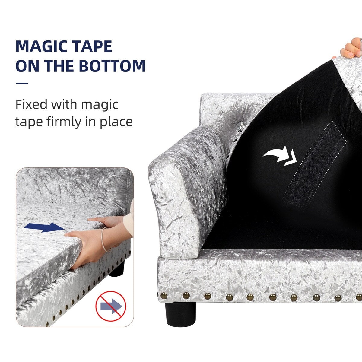 Lit pour animaux de compagnie en forme de canapé en velours capitonné, recouvert de tissu et doté d'un coussin amovible.