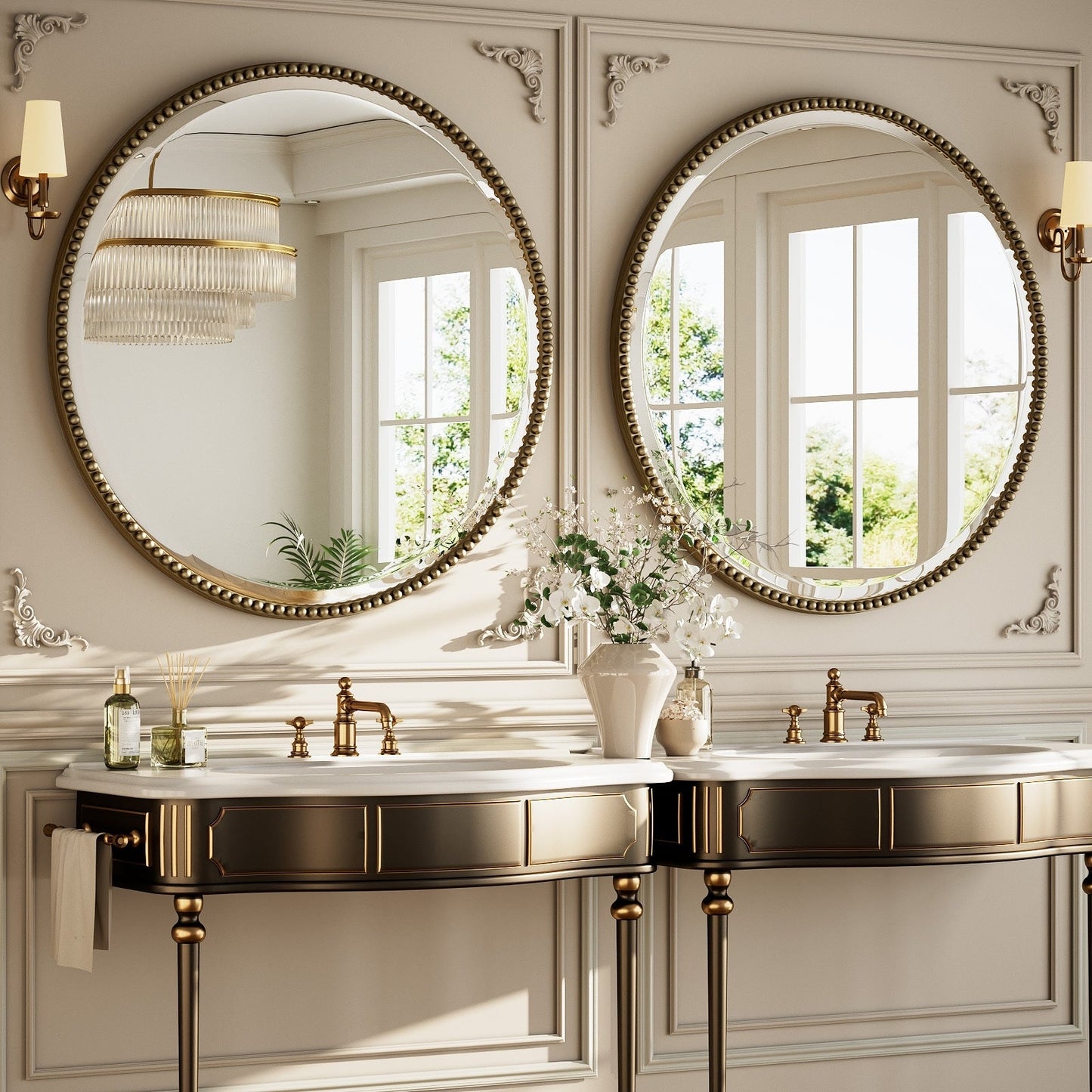 Vintage Round Bathroom Mirror with Beaded Frame