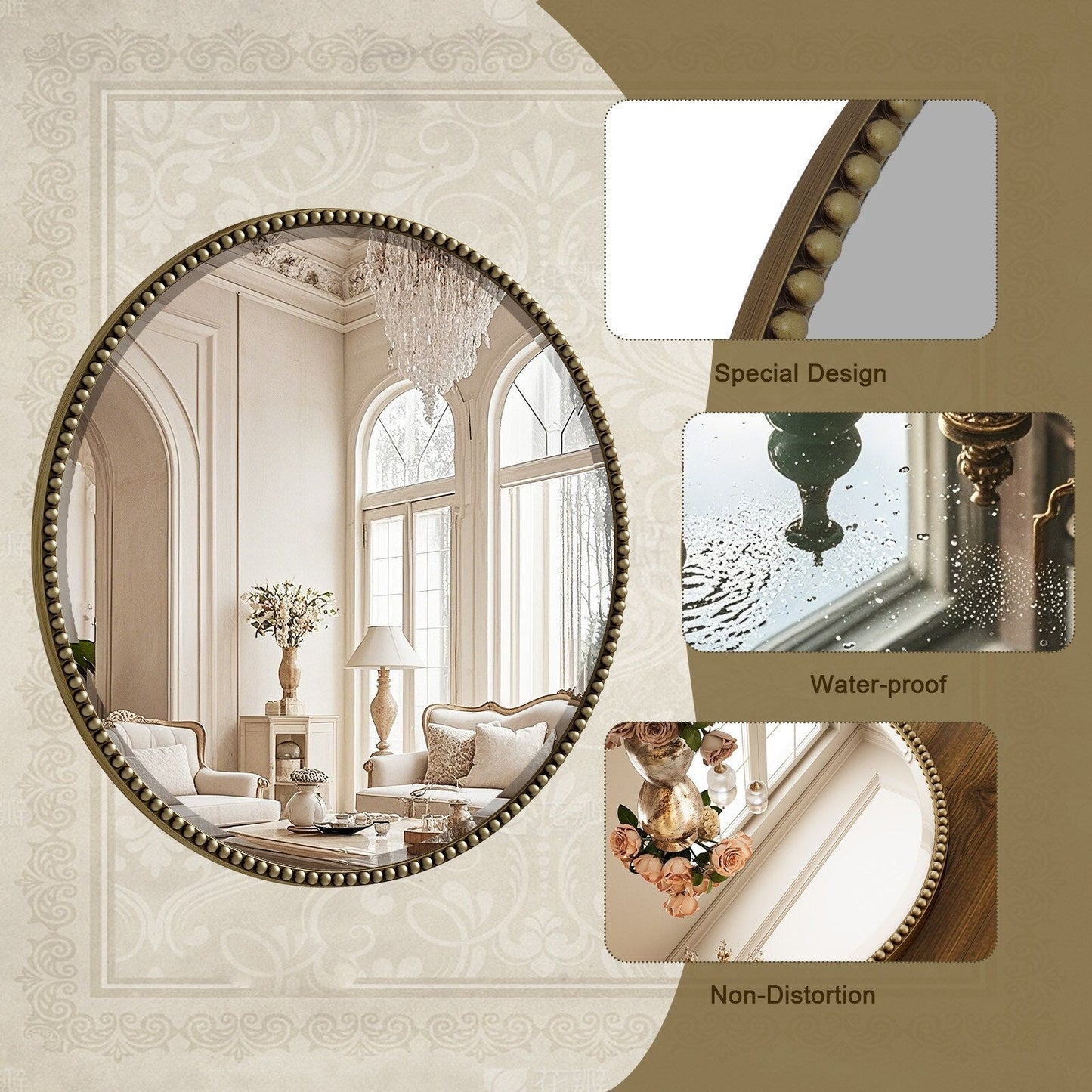 Vintage Round Bathroom Mirror with Beaded Frame