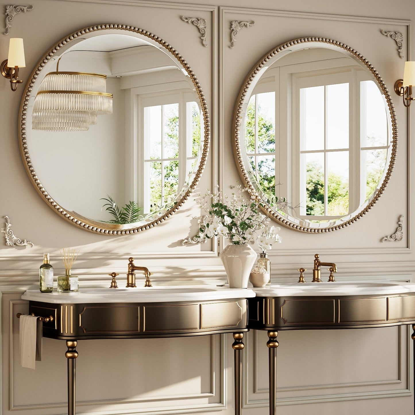 Vintage Round Bathroom Mirror with Beaded Frame