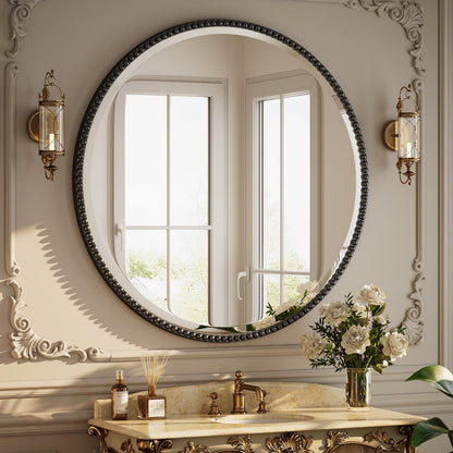 Vintage Round Bathroom Mirror with Beaded Frame