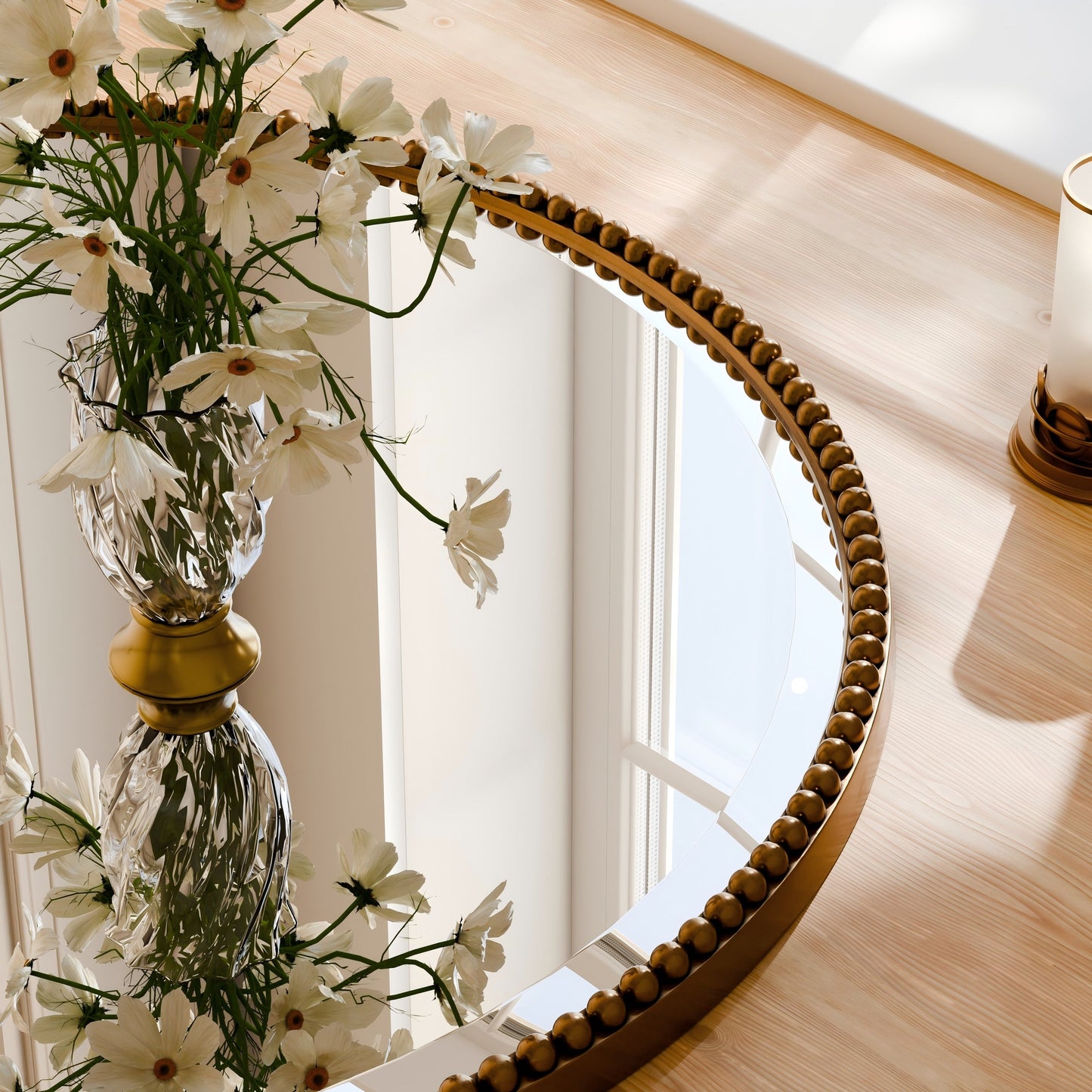 Vintage Round Bathroom Mirror with Beaded Frame