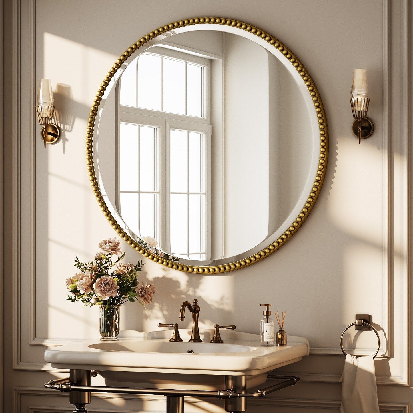 Vintage Round Bathroom Mirror with Beaded Frame