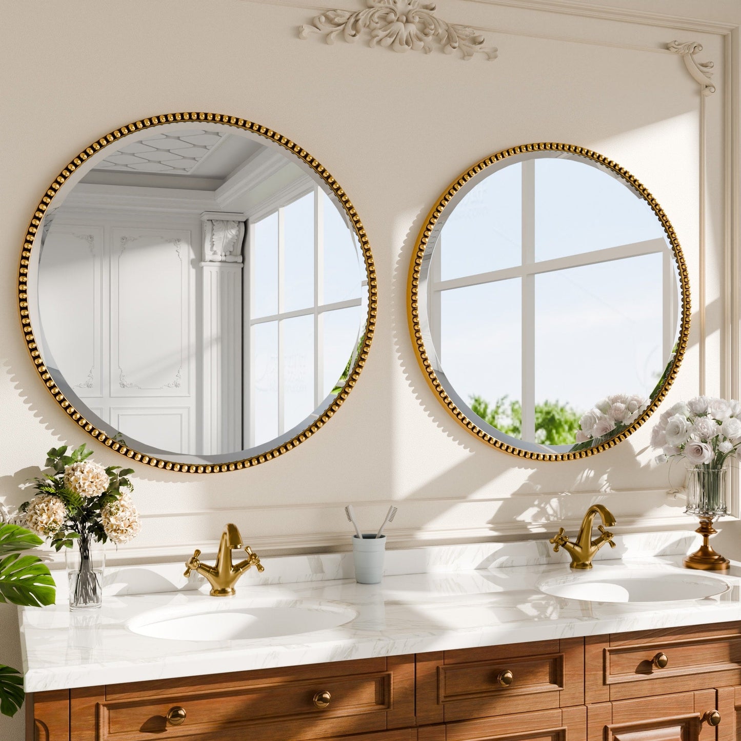 Vintage Round Bathroom Mirror with Beaded Frame