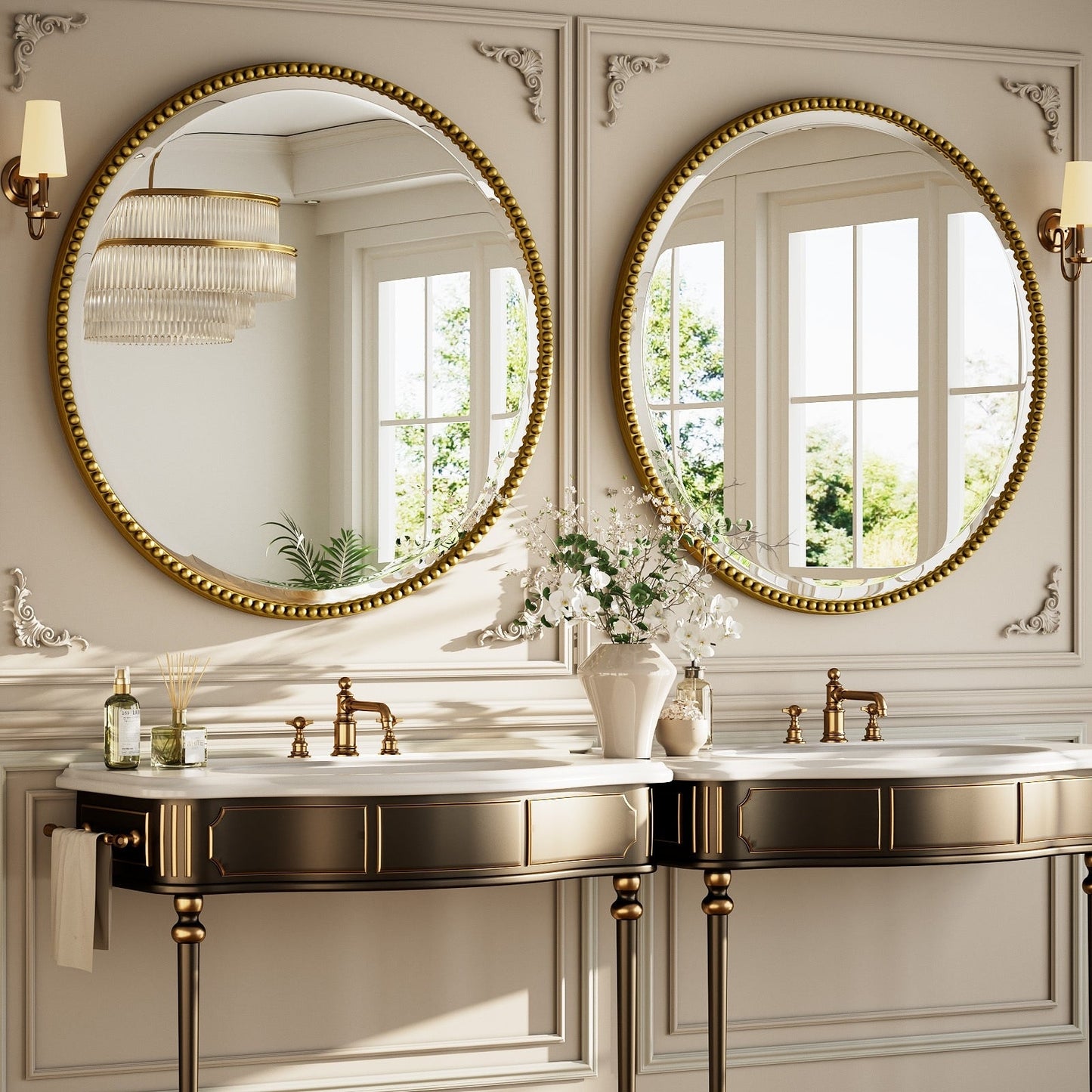 Vintage Round Bathroom Mirror with Beaded Frame