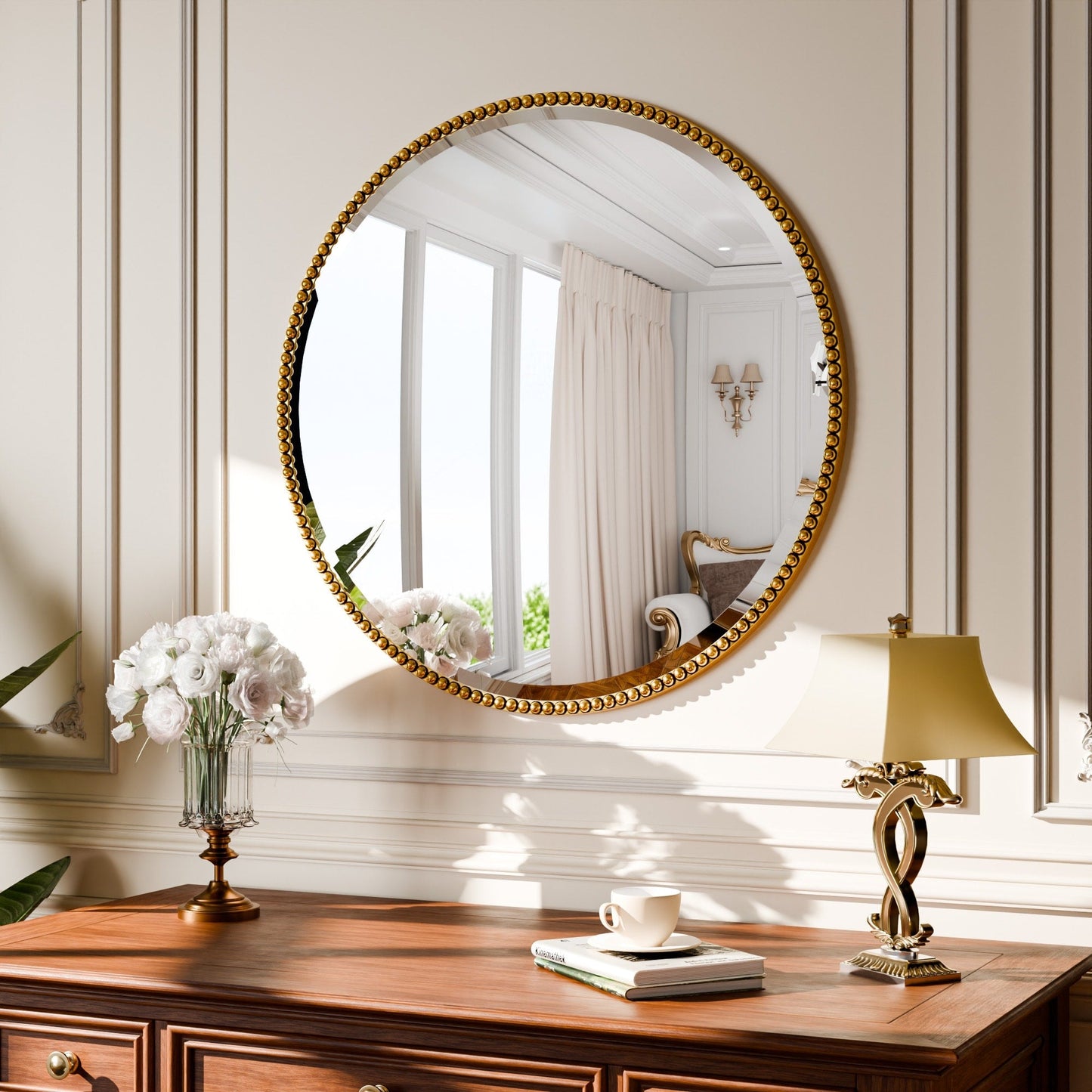 Vintage Round Bathroom Mirror with Beaded Frame