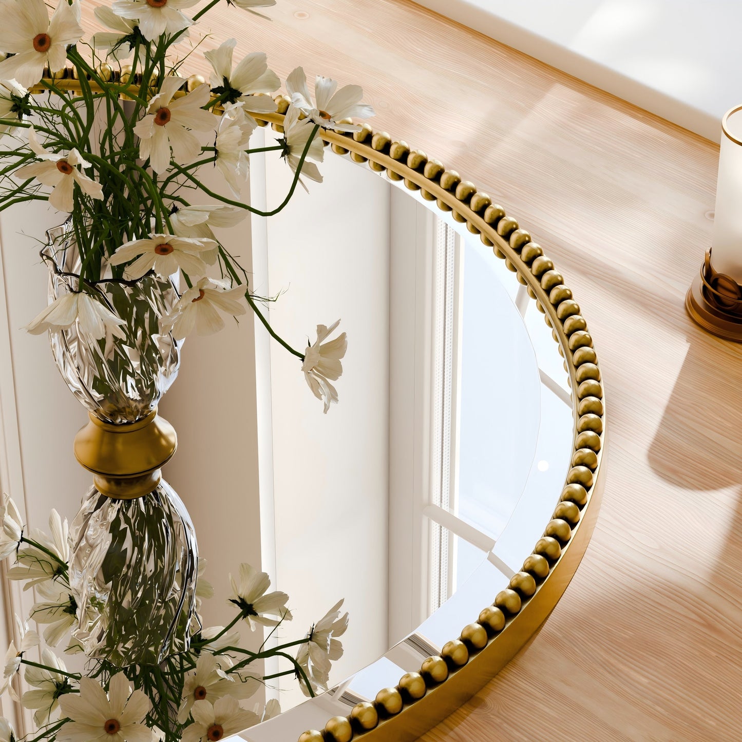 Vintage Round Bathroom Mirror with Beaded Frame