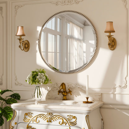 Vintage Round Bathroom Mirror with Beaded Frame