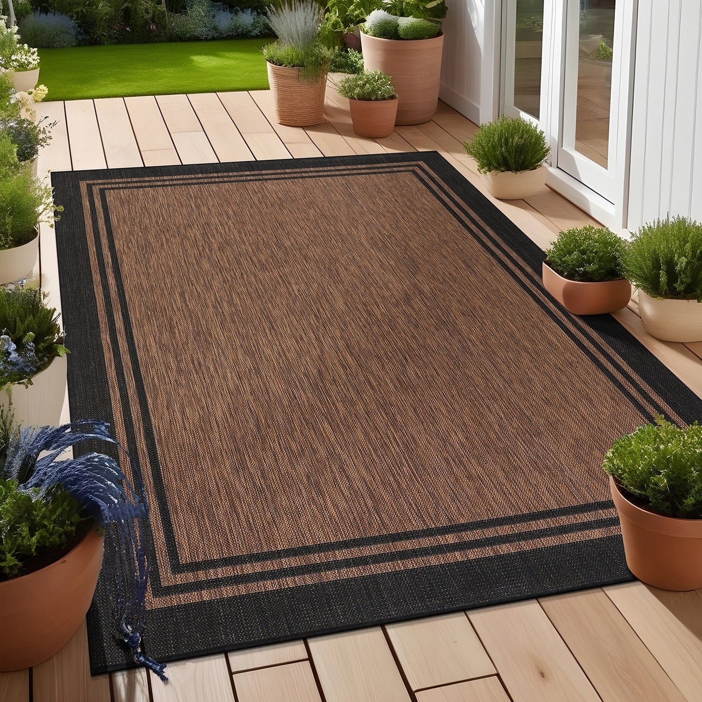 Washable Bordered Indoor Outdoor Rug for Patio, Deck, Porch