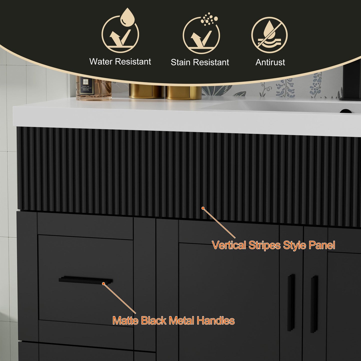 Ensemble de meuble-lavabo ondulé pour salle de bain, 30/36/48 pouces, avec lavabo et robinet.