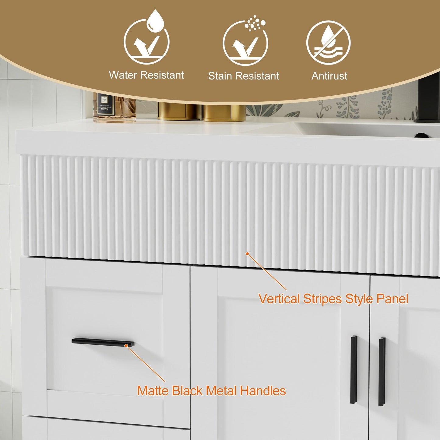 Ensemble de meuble-lavabo ondulé pour salle de bain, 30/36/48 pouces, avec lavabo et robinet.