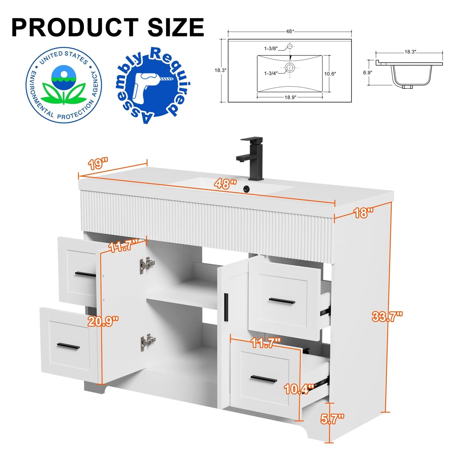 Ensemble de meuble-lavabo ondulé pour salle de bain, 30/36/48 pouces, avec lavabo et robinet.