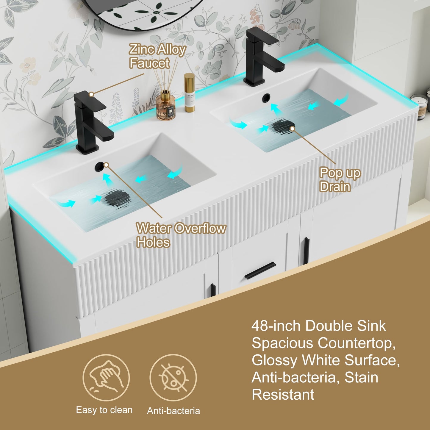 Ensemble de meuble-lavabo ondulé pour salle de bain, 30/36/48 pouces, avec lavabo et robinet.