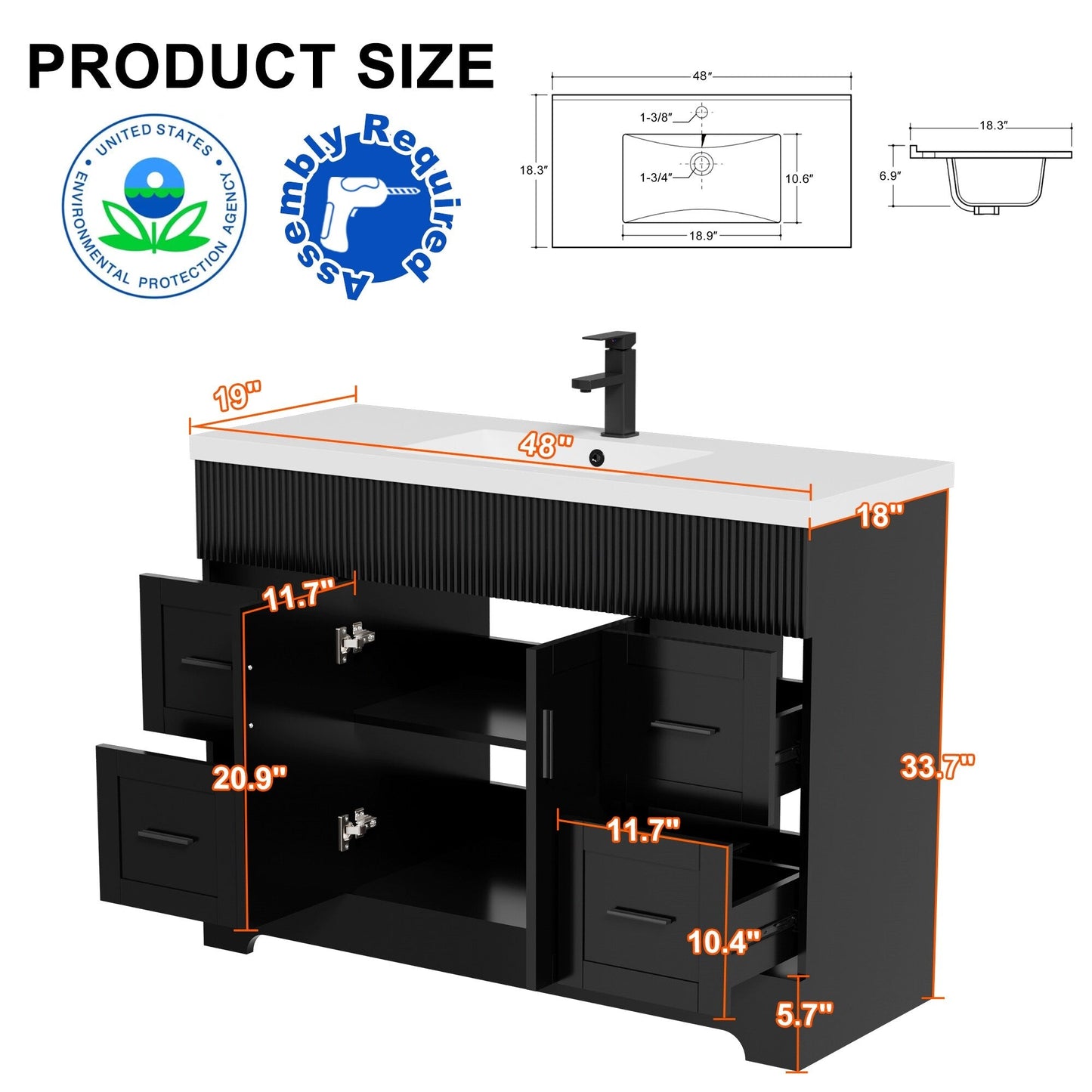 Ensemble de meuble-lavabo ondulé pour salle de bain, 30/36/48 pouces, avec lavabo et robinet.