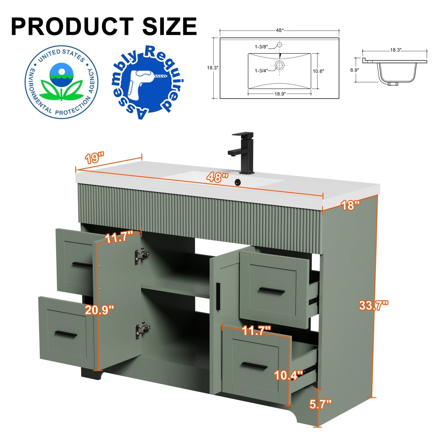 Ensemble de meuble-lavabo ondulé pour salle de bain, 30/36/48 pouces, avec lavabo et robinet.