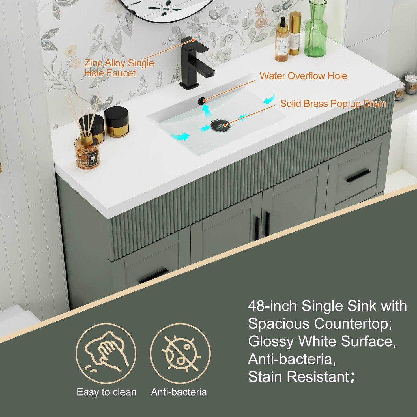 Ensemble de meuble-lavabo ondulé pour salle de bain, 30/36/48 pouces, avec lavabo et robinet.