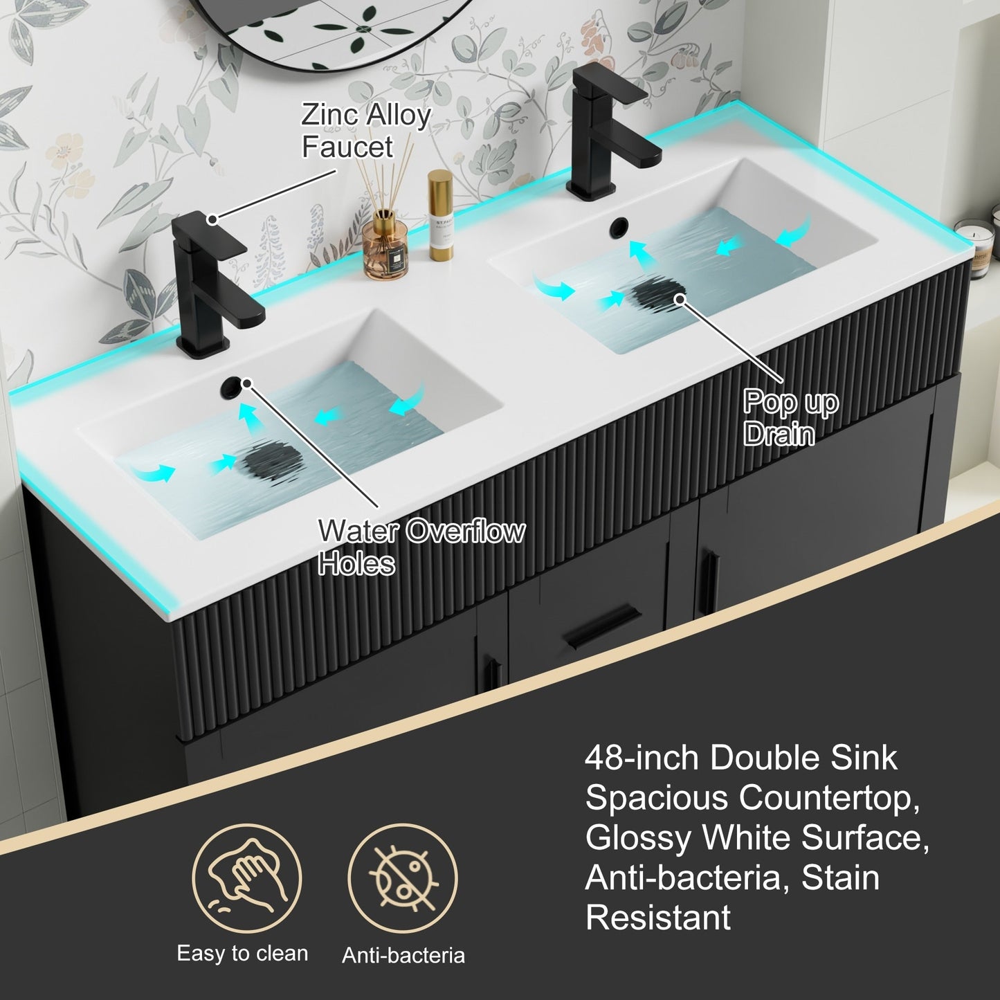 Ensemble de meuble-lavabo ondulé pour salle de bain, 30/36/48 pouces, avec lavabo et robinet.
