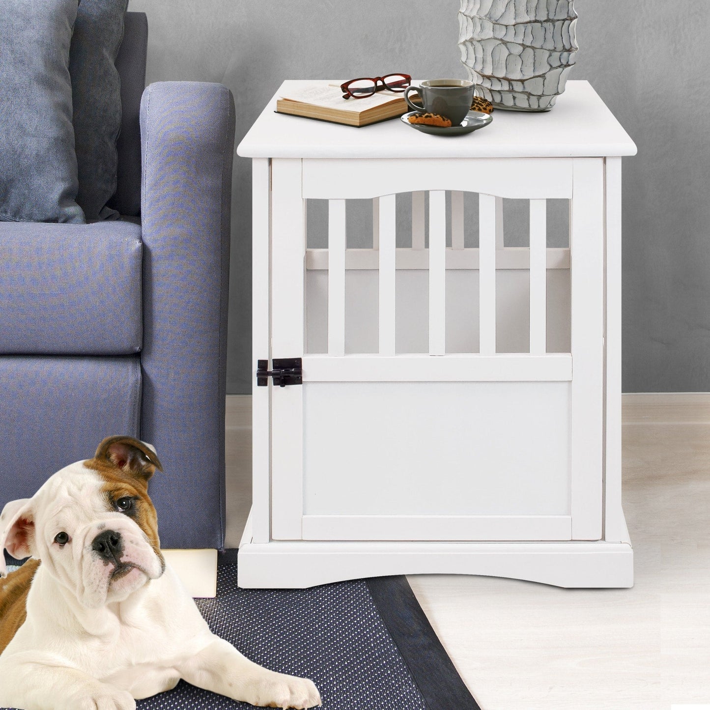 Table d'appoint en bois blanc pour cage à animaux avec porte verrouillable