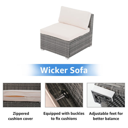 Ensemble de canapé d'extérieur modulable en osier et acier avec coussins, 7 pièces