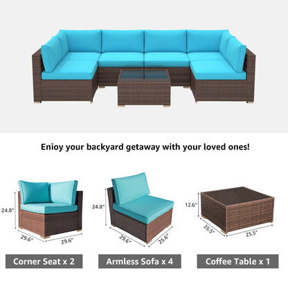 Ensemble de canapé d'extérieur modulable en osier et acier avec coussins, 7 pièces