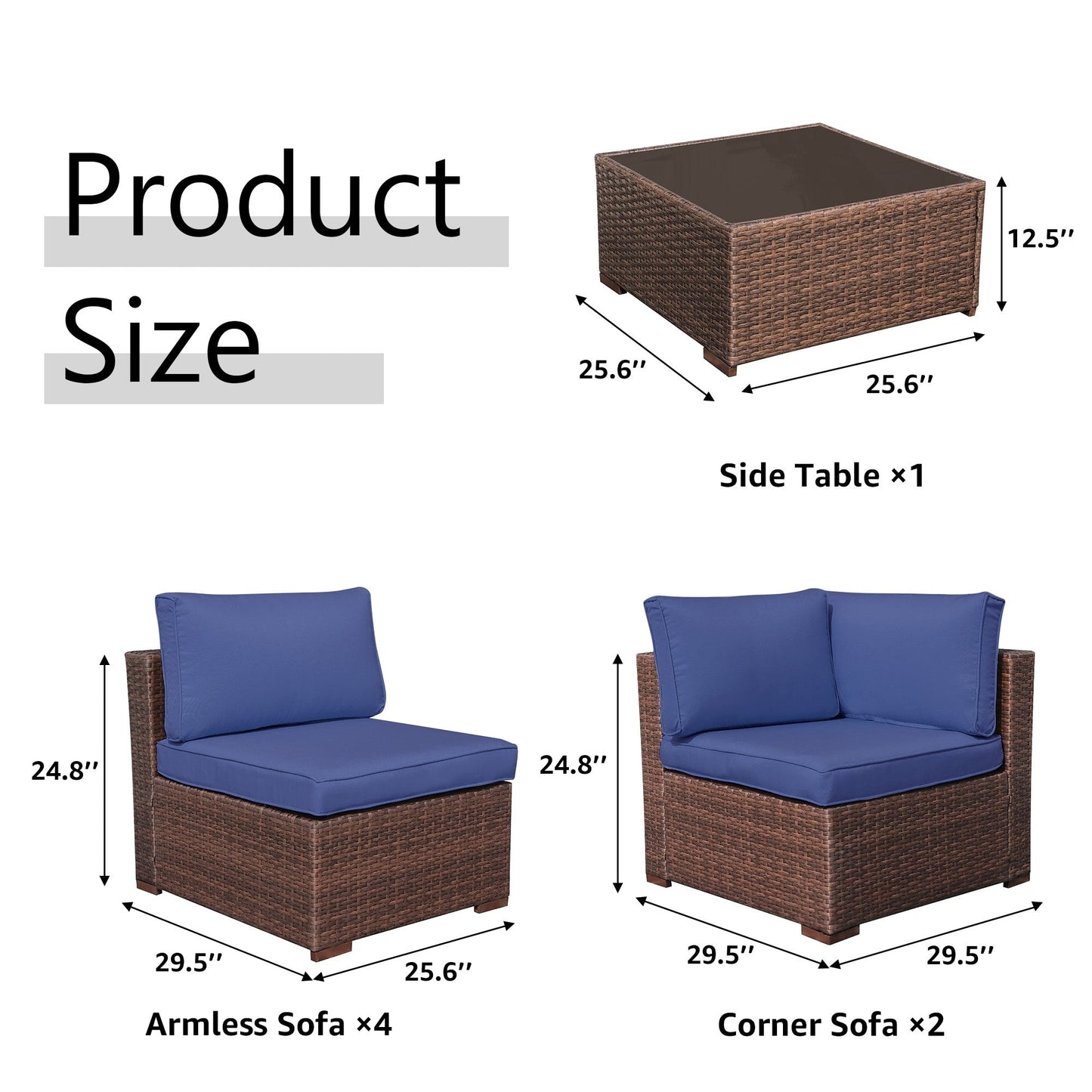 Ensemble de canapé d'extérieur modulable en osier et acier avec coussins, 7 pièces