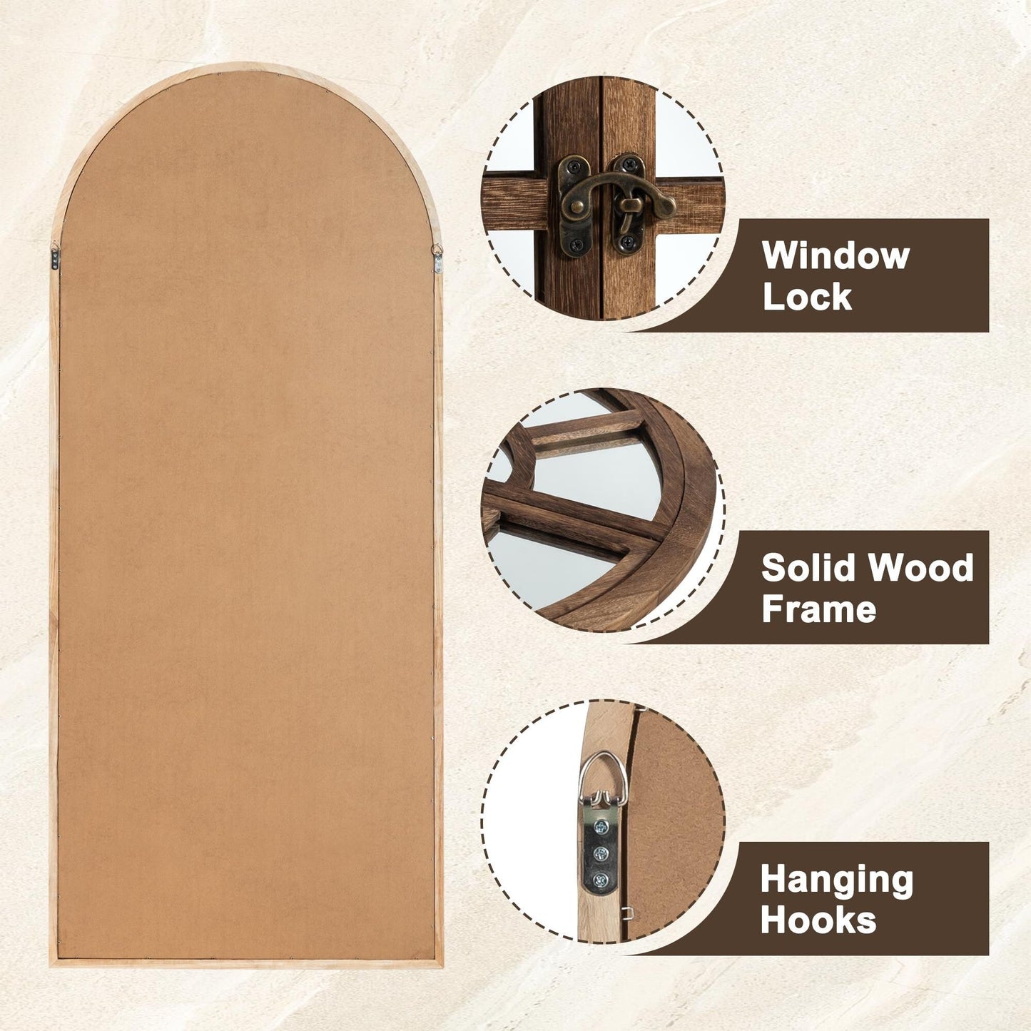 Miroir en forme de fenêtre, miroir en bois incurvé, 71'' L*31'' l