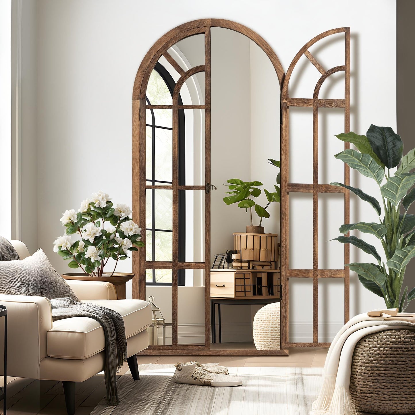 Miroir en forme de fenêtre, miroir en bois incurvé, 71'' L*31'' l