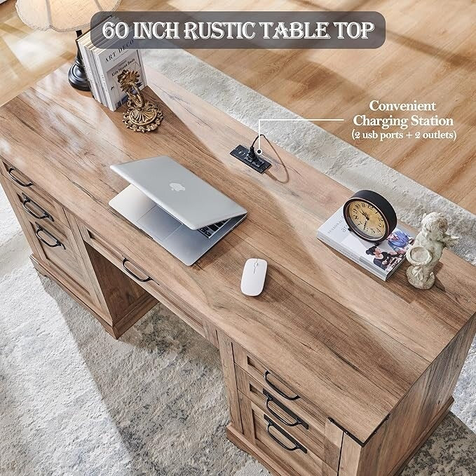 Bureau de direction de style farmhouse de 60 pouces, bureau de travail en bois pour la maison, bureau d'ordinateur