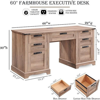 Bureau de direction de style farmhouse de 60 pouces, bureau de travail en bois pour la maison, bureau d'ordinateur