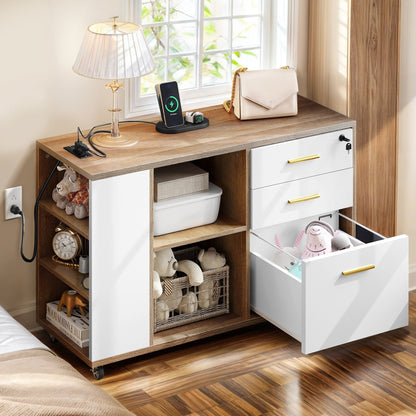 Meuble de rangement en bois avec station de recharge, classeur latéral mobile verrouillable, compatible avec les dossiers A4, lettres et documents légaux.