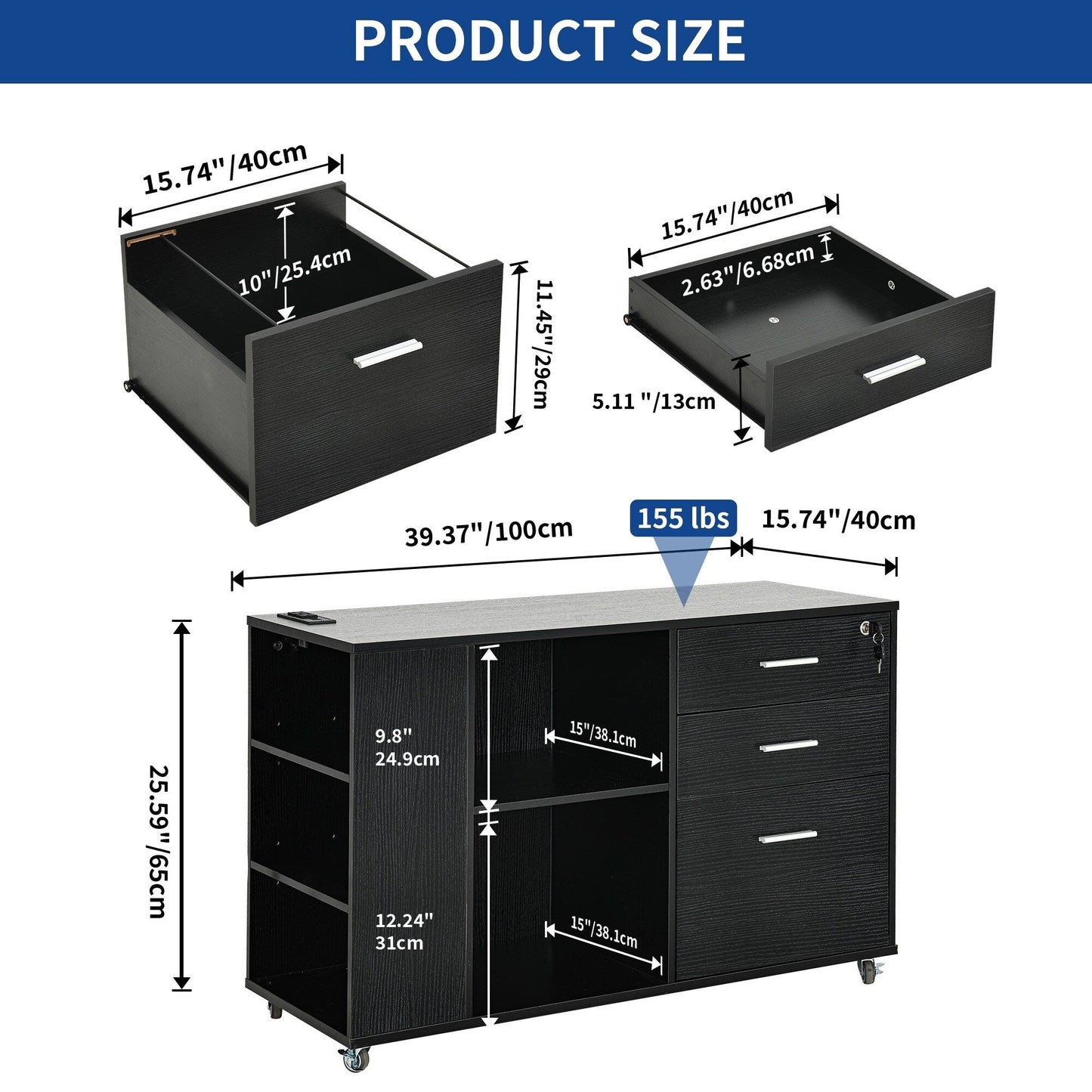 Meuble de rangement en bois avec station de recharge, classeur latéral mobile verrouillable, compatible avec les dossiers A4, lettres et documents légaux.