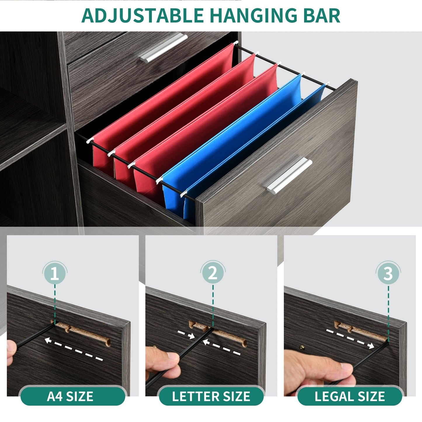 Meuble de rangement en bois avec station de recharge, classeur latéral mobile verrouillable, compatible avec les dossiers A4, lettres et documents légaux.