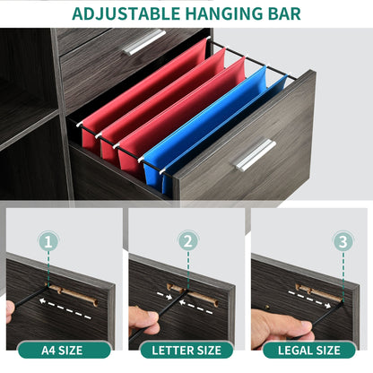 Meuble de rangement en bois avec station de recharge, classeur latéral mobile verrouillable, compatible avec les dossiers A4, lettres et documents légaux.